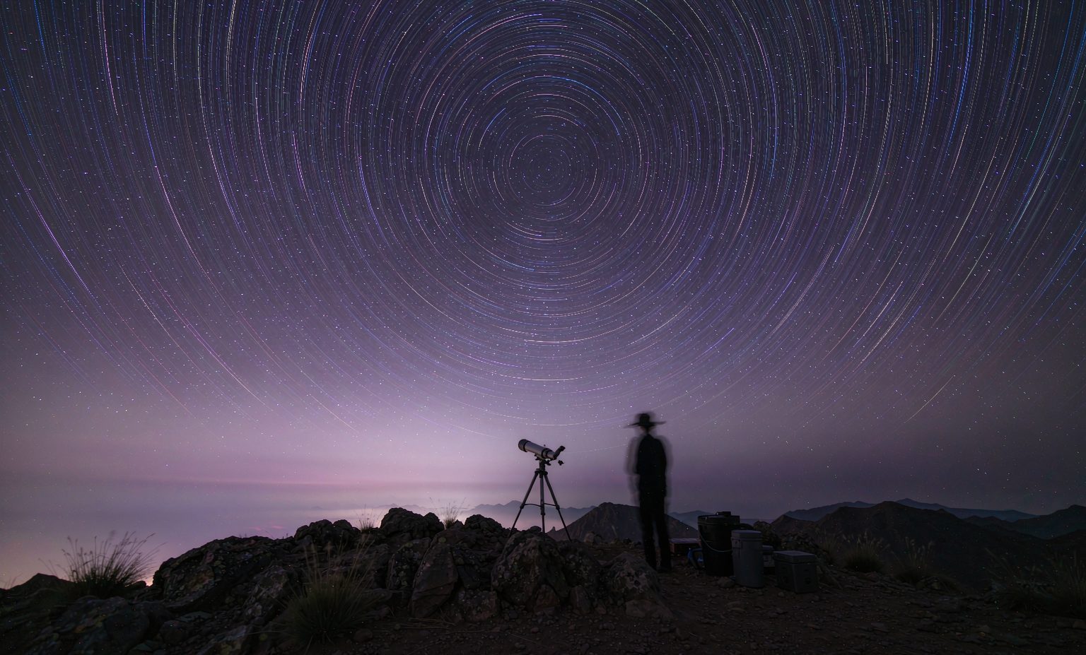星空下观星者与望远镜的剪影