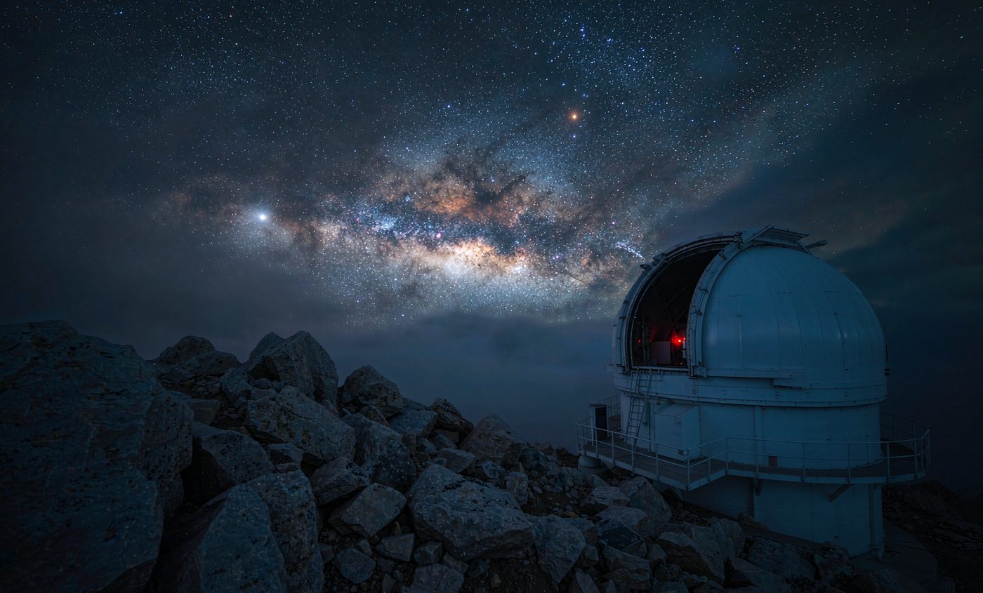 山顶的天文台圆顶，穹顶打开，上方是银河与密集星空