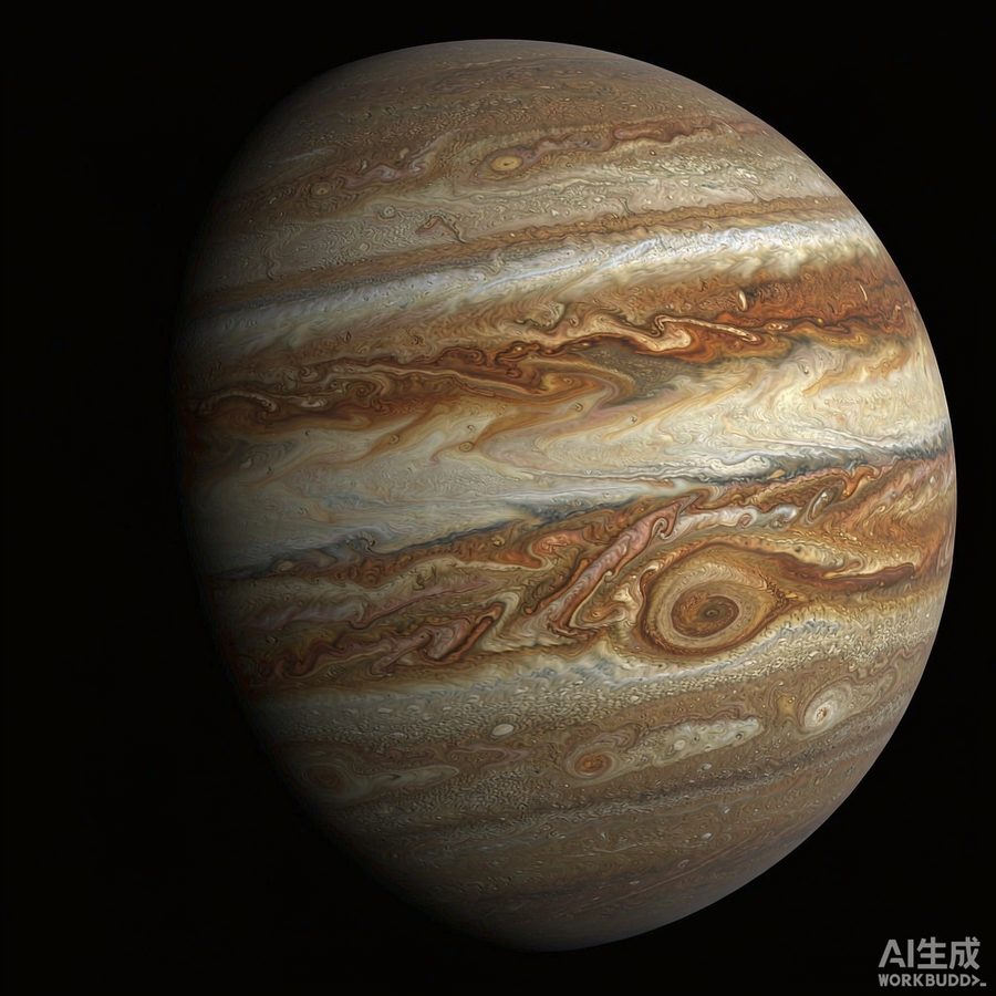 木星明暗相间的云带，大红斑清晰可见