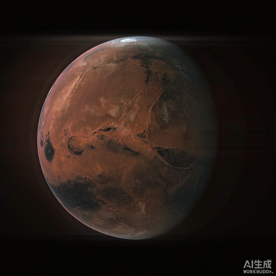 火星锈红色的表面与水手号峡谷，两极有白色冰盖