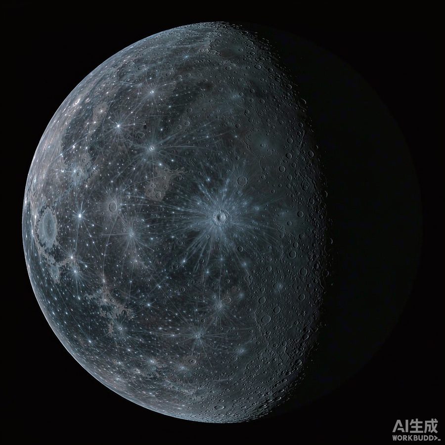 水星布满陨石坑的灰色表面，年轻撞击坑带有明亮的辐射纹