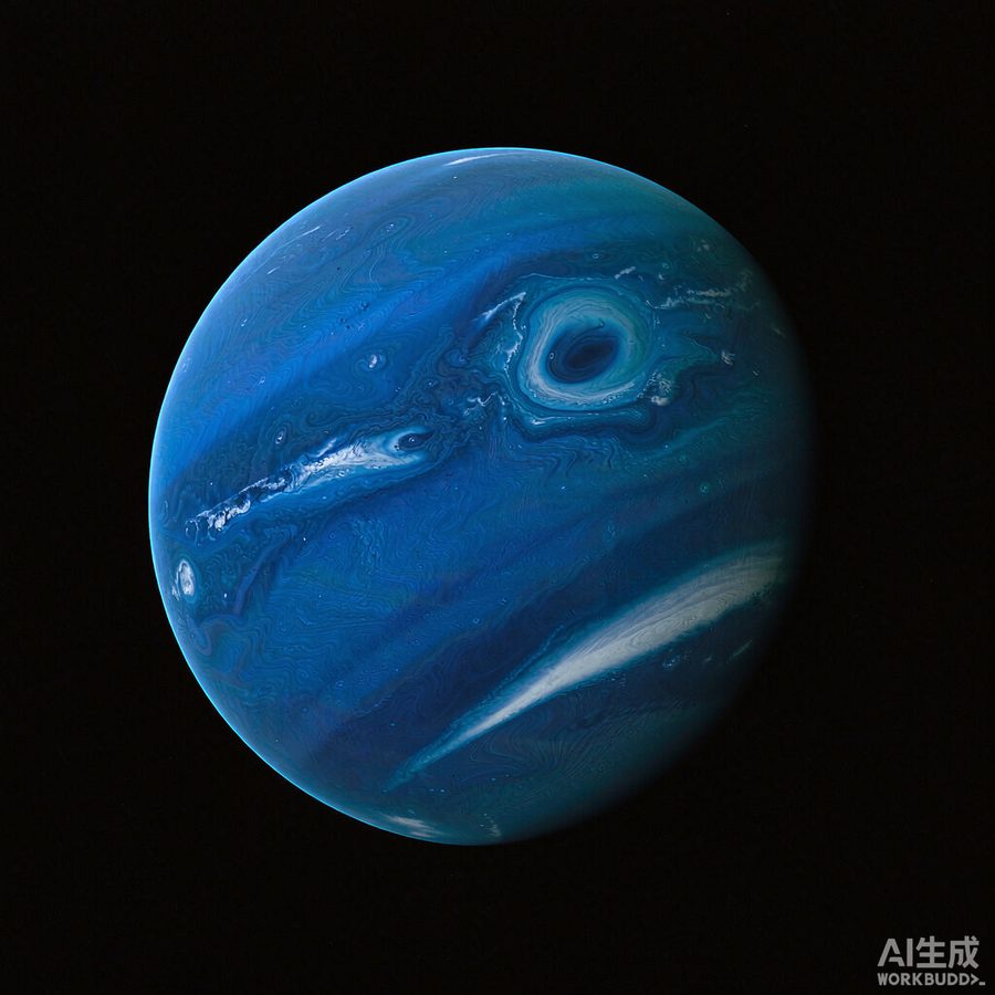 海王星深蓝色大气与大暗斑，伴白色甲烷卷云